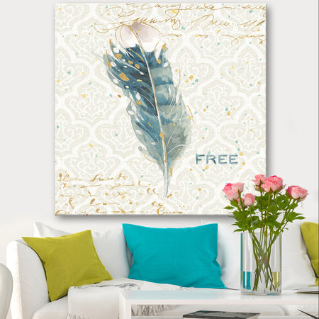 Damask Painted Gilded Feather on Blue - Nautical & Coastal Canvas Art