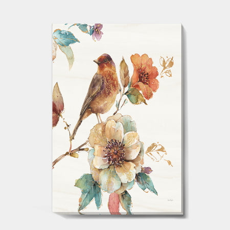 Farmhouse Bird on Flower Branch - Traditional Premium Canvas Wall Art