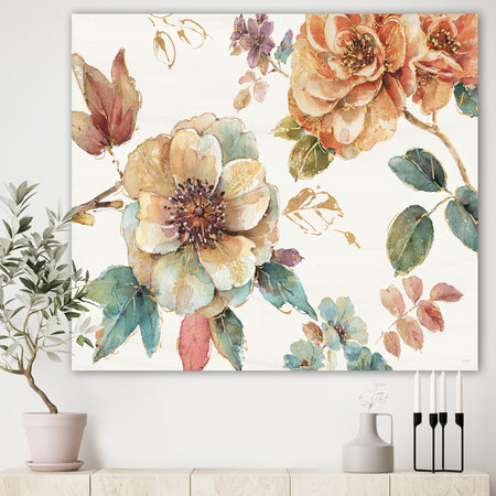 Orange and Cream Cottage Flowers Twig - Traditional Canvas Artwork
