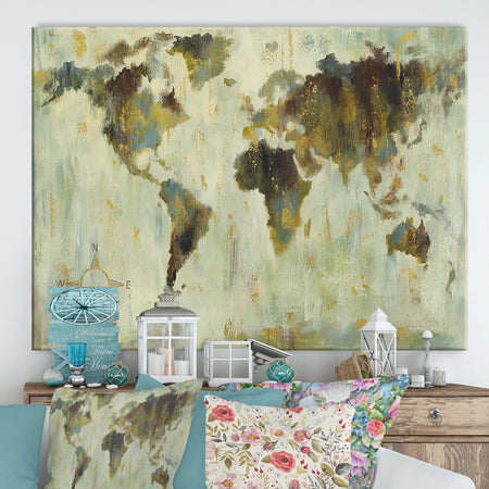Bronze World Map - Cottage Canvas Wall Art
