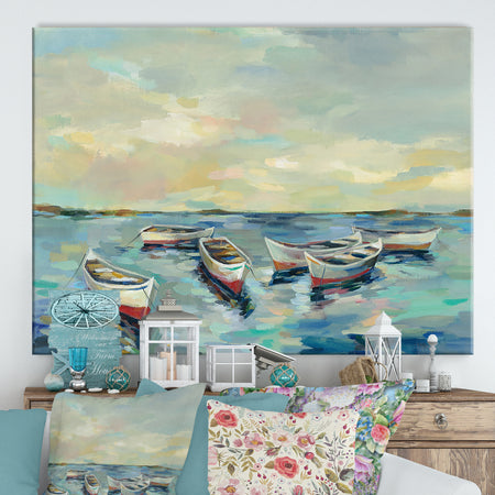 Coastal View of Boats - Cottage Canvas Wall Art