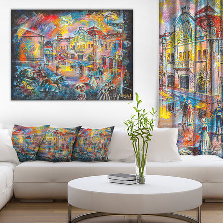 Night City with People - Cityscape Canvas Artwork
