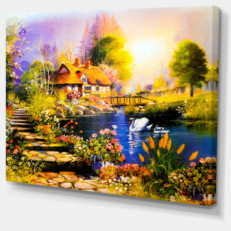 House near the Lake Swans - Landscape Canvas Artwork