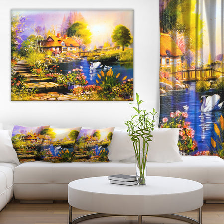 House near the Lake Swans - Landscape Canvas Artwork