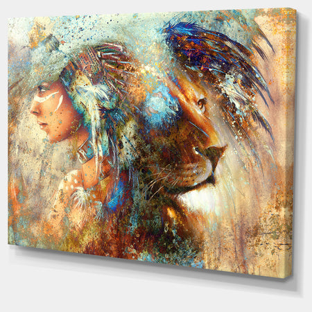 Indian Woman Collage with Lion - Indian Canvas Artwork