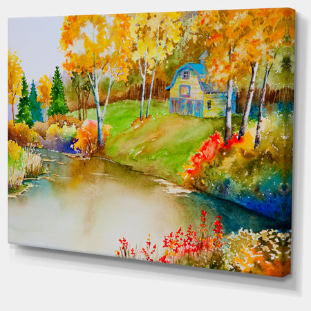 House and Quiet Pond in Fall - Landscape Canvas Art Print