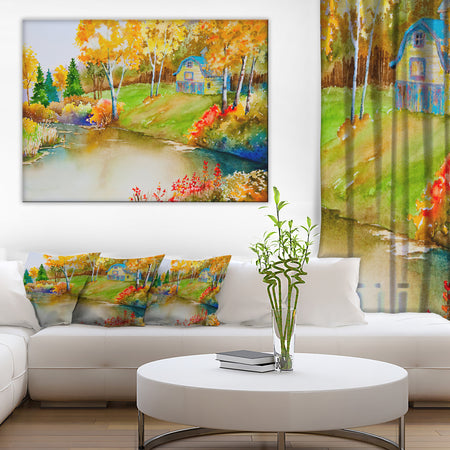 House and Quiet Pond in Fall - Landscape Canvas Art Print