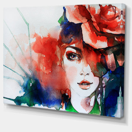 Woman with Rose Illustration - Abstract Canvas Artwork