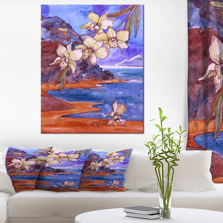 White Orchid with Sea - Floral Canvas Print