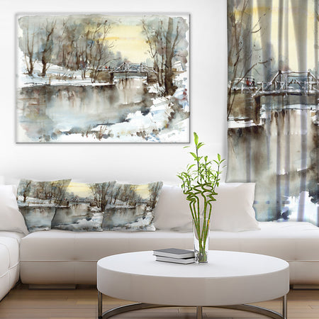 White Bridge Over River - Landscape Canvas Print