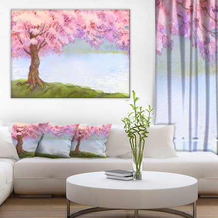 Flowering Pink Tree by Lake - Floral Canvas Art Print