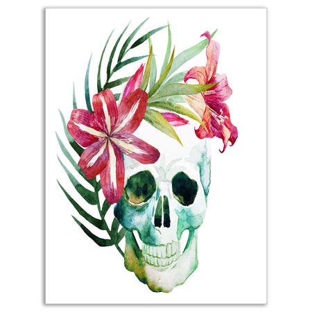 Watercolor Skull with Flowers - Floral Canvas Art Print