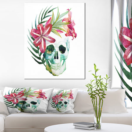 Watercolor Skull with Flowers - Floral Canvas Art Print