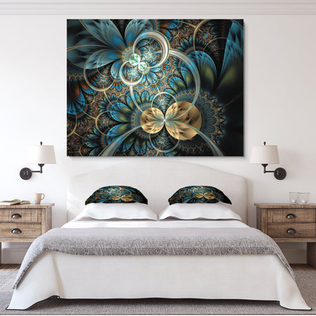 Symmetrical Blue Gold Fractal Flower - Abstract Print On Canvas