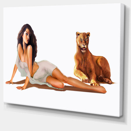 Sexy Woman with Lion - Portrait Digital Art Canvas Print