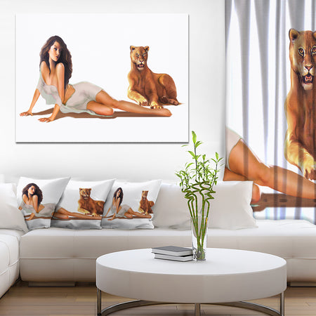 Sexy Woman with Lion - Portrait Digital Art Canvas Print