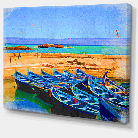 Blue Boats in Sea - Seascape Painting Canvas Print
