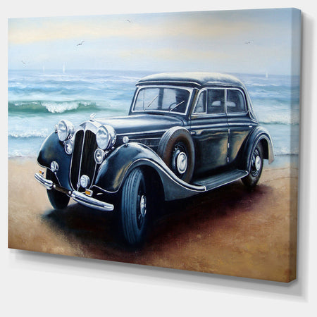 Retro Car on Sea Shore - Car Painting Canvas Print