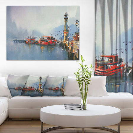Fishing Boats in Harbor - Landscape Painting Canvas Print