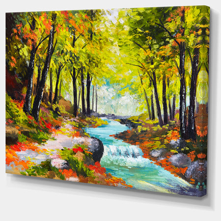 River in Green Autumn Forest - Landscape Painting Canvas Print