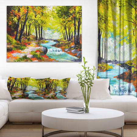 River in Green Autumn Forest - Landscape Painting Canvas Print