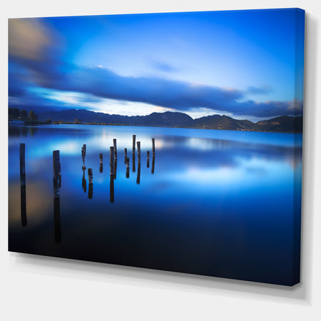 Blue Lake Sunset with Pier - Landscape Photo Canvas Print