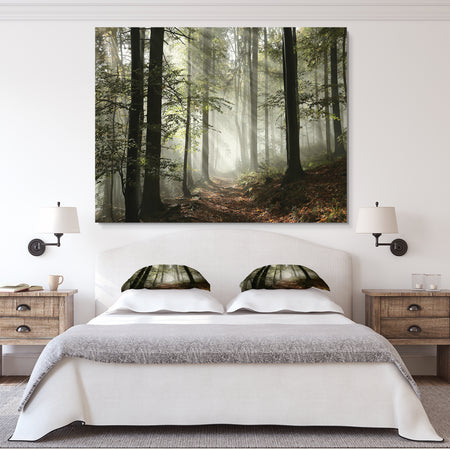 Light in Dense Fall Forest with Fog - Landscape Art Print Canvas