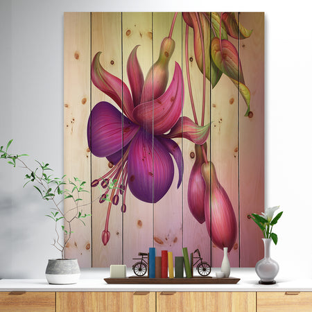 Fuchsia Flowers with Green Leaves - Floral Print on Natural Pine Wood