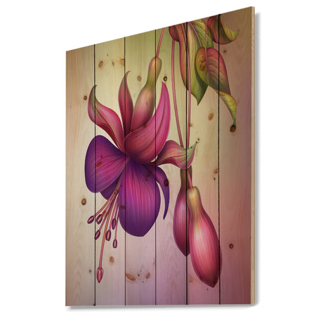 Fuchsia Flowers with Green Leaves - Floral Print on Natural Pine Wood