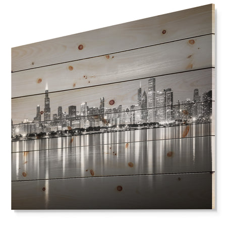 Chicago Skyline at Night Black and White - Cityscape Print on Natural Pine Wood