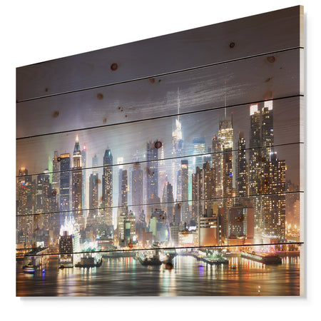 New York Times Square in Blue Light - Cityscape Print on Natural Pine Wood