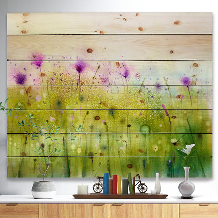 Green Purple Abstract Cosmos of Flowers - Large Flower Print on Natural Pine Wood