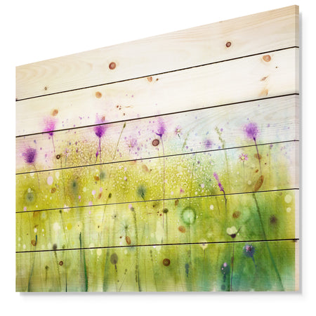 Green Purple Abstract Cosmos of Flowers - Large Flower Print on Natural Pine Wood