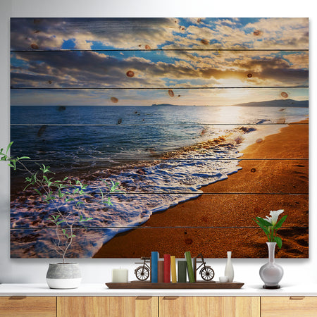 Heavy Clouds Over Morning Beach - Seashore Print on Natural Pine Wood
