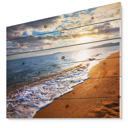 Heavy Clouds Over Morning Beach - Seashore Print on Natural Pine Wood