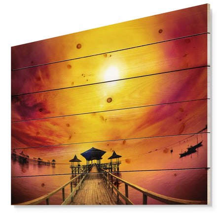Exotic Wood Pier under Yellow Sun - Sea Bridge Print on Natural Pine Wood