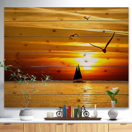 Bright Yellow Beach with Birds - Seashore Print on Natural Pine Wood