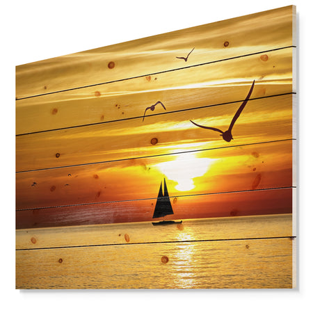 Bright Yellow Beach with Birds - Seashore Print on Natural Pine Wood