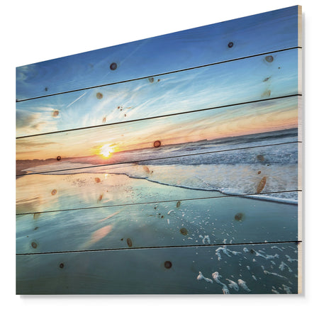 Blue Seashore with Distant Sunset - Seascape Print on Natural Pine Wood