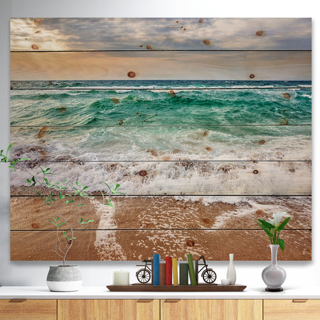 Crystal Clear Blue Foaming Waves - Seascape Print on Natural Pine Wood