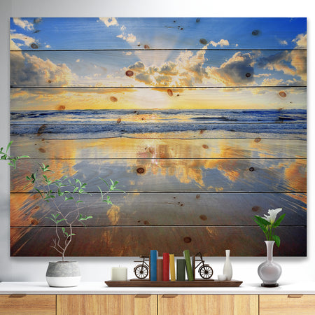 Blue Sky and Clouds Mirrored in Sea - Seashore Print on Natural Pine Wood