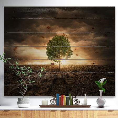 Lonely Tree under Dramatic Sky - Wall Art Landscape Print on Natural Pine Wood