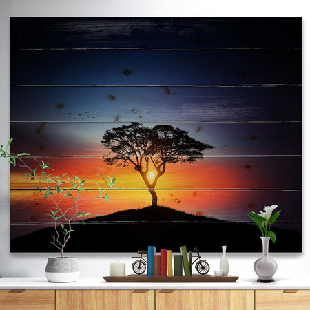 Beautiful Sunset over Lonely Tree - Landscape Print on Natural Pine Wood