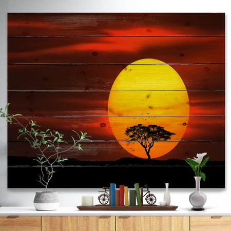 Lonely Tree with Birds at Sunset - Landscape Print on Natural Pine Wood