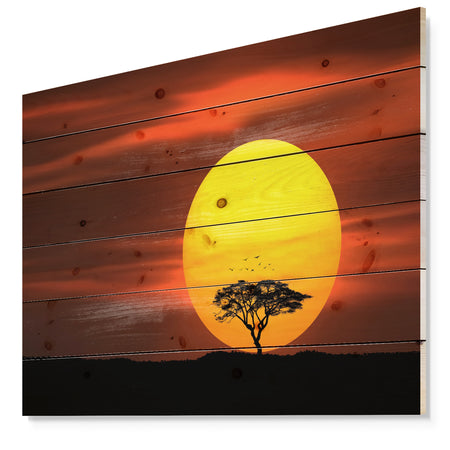 Lonely Tree with Birds at Sunset - Landscape Print on Natural Pine Wood