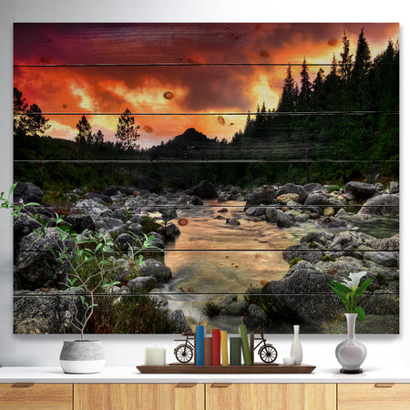 Rocky Mountain River at Sunset - Wall Art Landscape Print on Natural Pine Wood