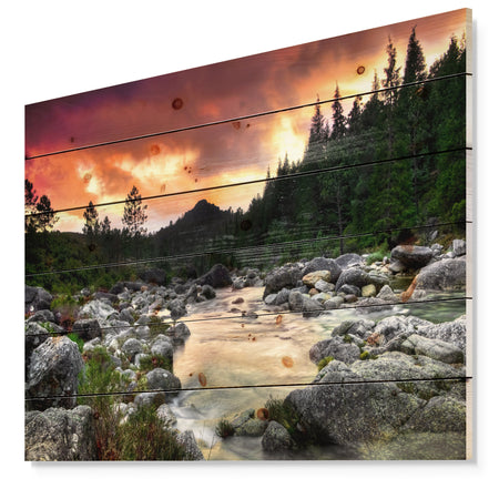 Rocky Mountain River at Sunset - Wall Art Landscape Print on Natural Pine Wood
