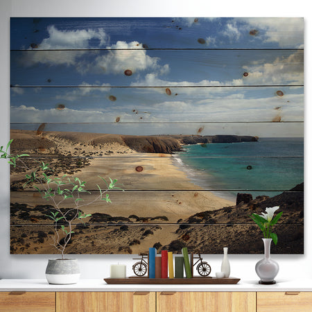 Bright Seashore with Blue Waters - Seashore Print on Natural Pine Wood