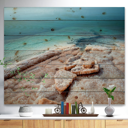 Dead Sea Beach with Crystallized Salt - Seashore Print on Natural Pine Wood