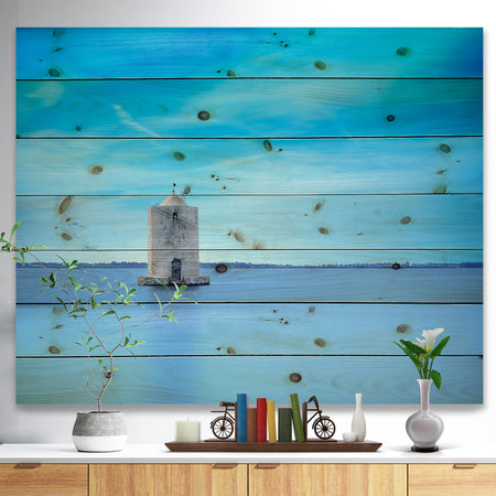 Old Spanish Windmill in Blue Lagoon - Seashore Print on Natural Pine Wood